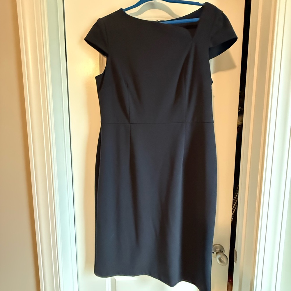 Navy Blue Midi Dress with Asymmetric Neckline